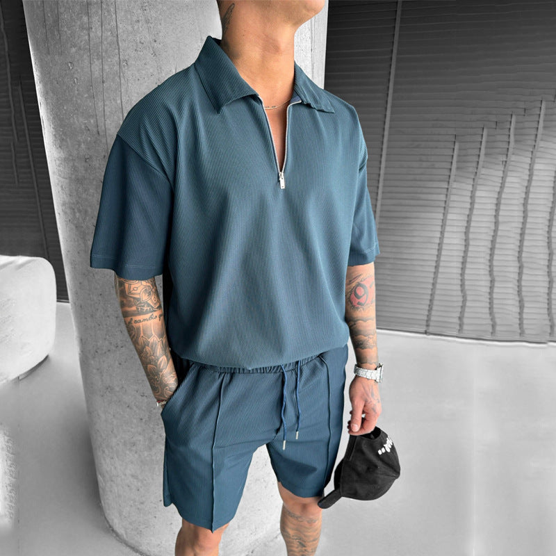 Casual Short Sleeve Drawstring Shorts Men's Set