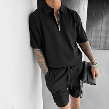 Casual Short Sleeve Drawstring Shorts Men's Set